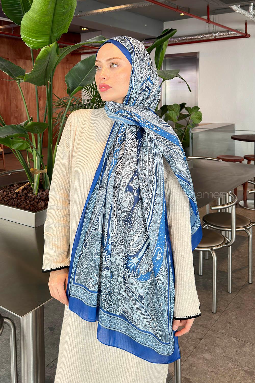 Lamelif Retro Desen Pamuk Şal Mavi