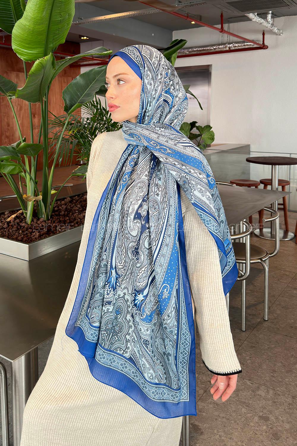 Lamelif Retro Desen Pamuk Şal Mavi