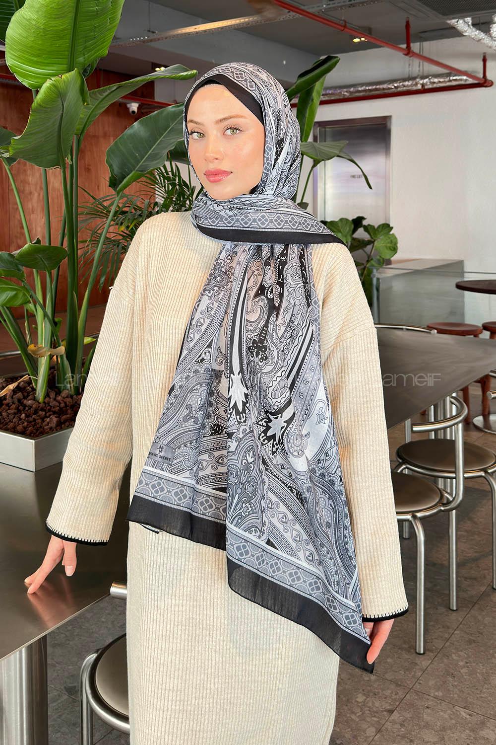 Lamelif Retro Desen Pamuk Şal Siyah beyaz