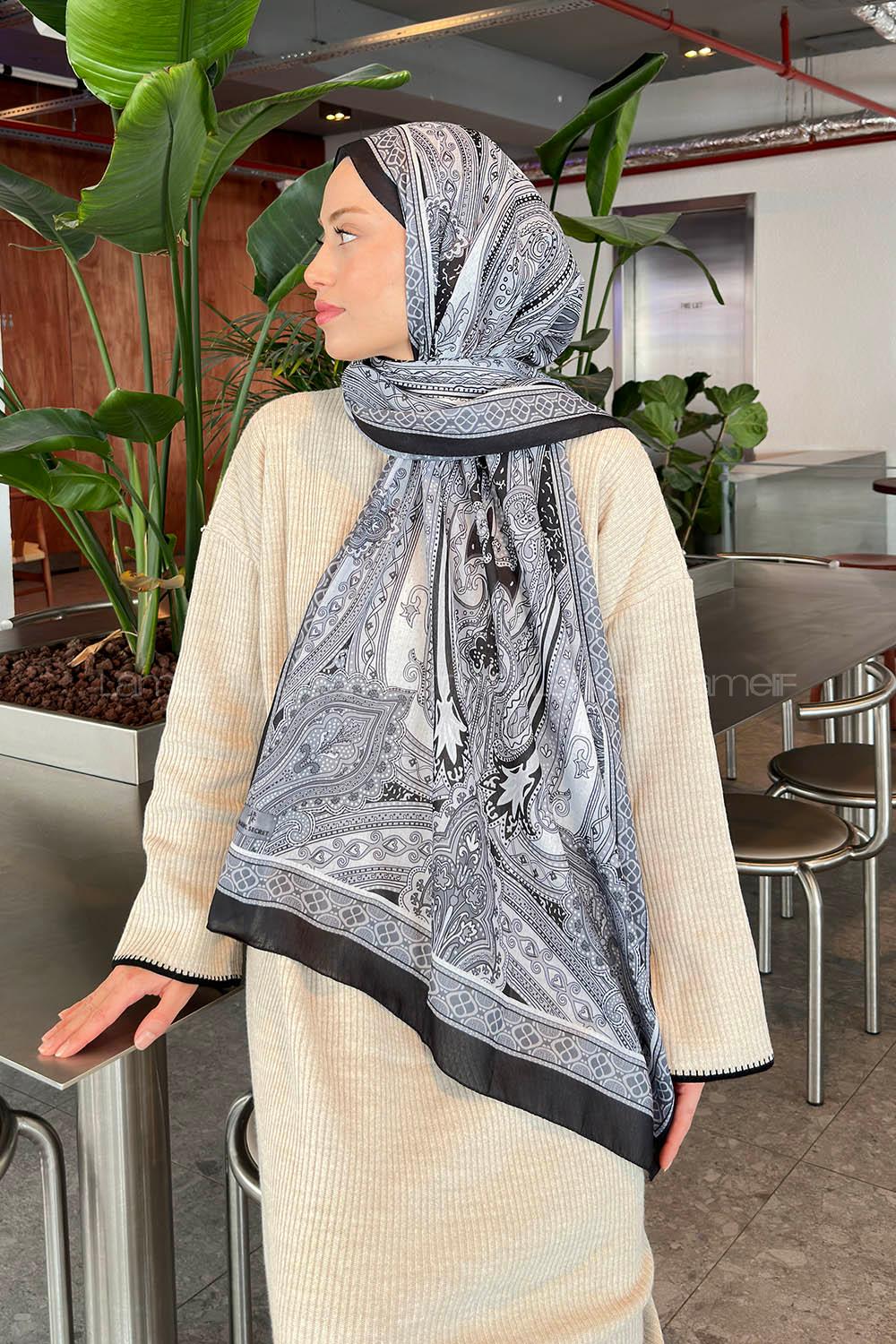 Lamelif Retro Desen Pamuk Şal Siyah beyaz