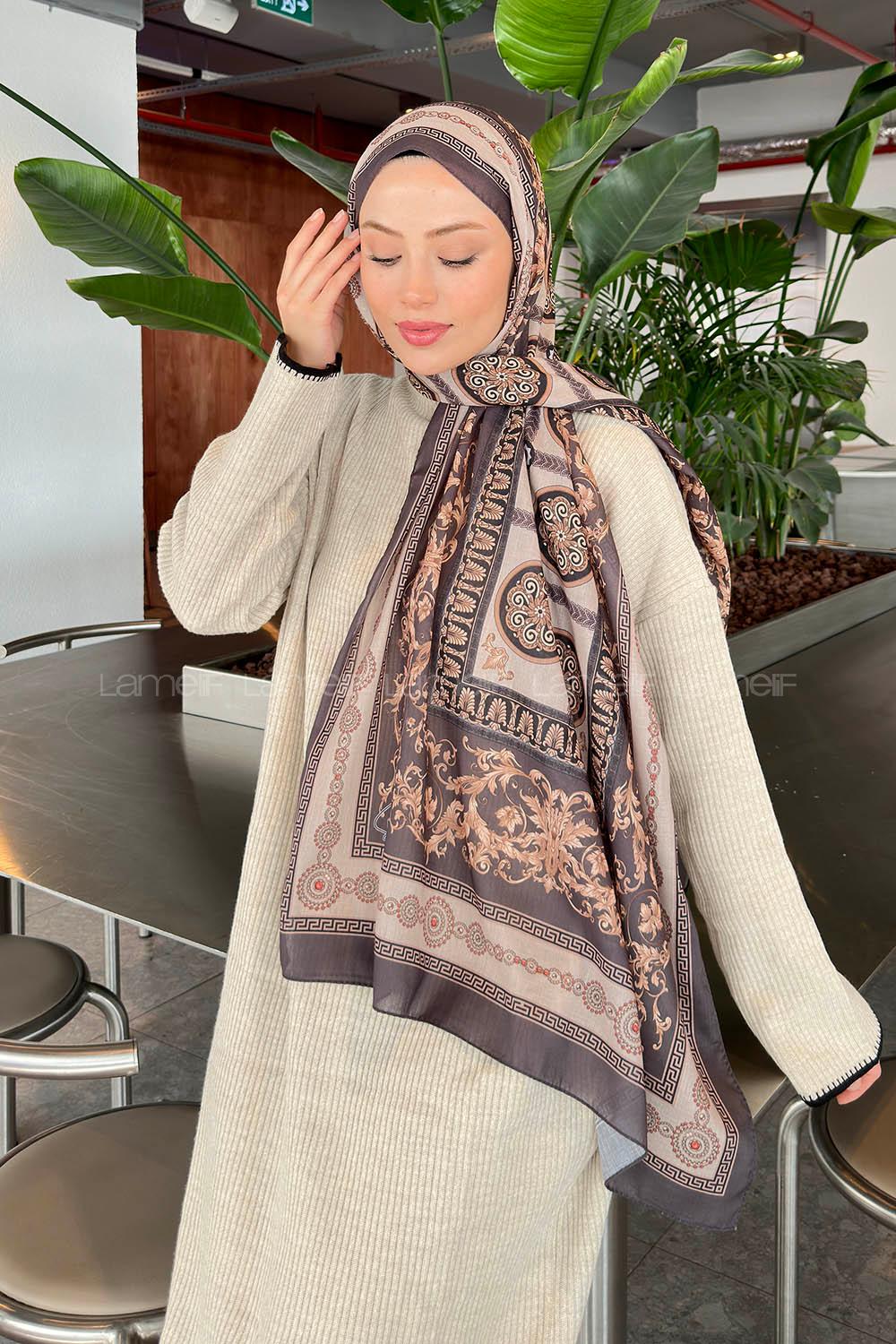 Lamelif Versa Desen Pamuk Şal Vizon Füme