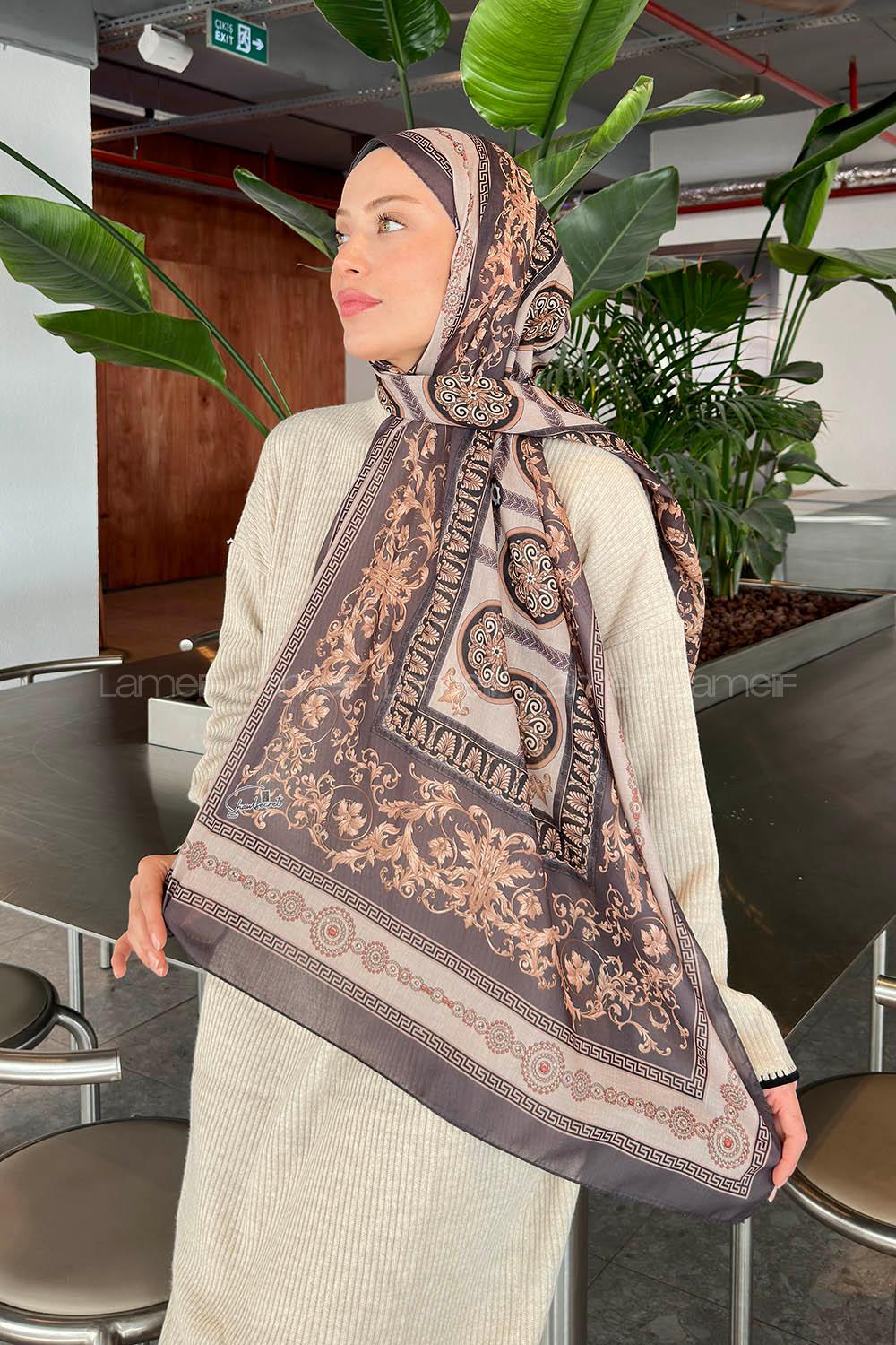 Lamelif Versa Desen Pamuk Şal Vizon Füme