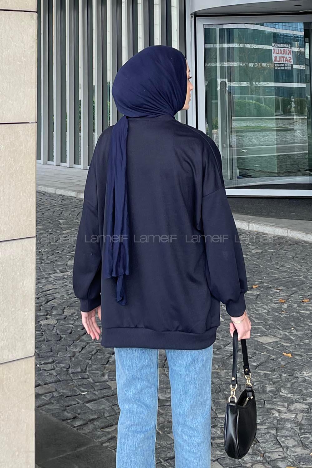 Lamelif Balon Kol Yaka Ve Etek Ucu Manşetli Bol Sweat Lacivert