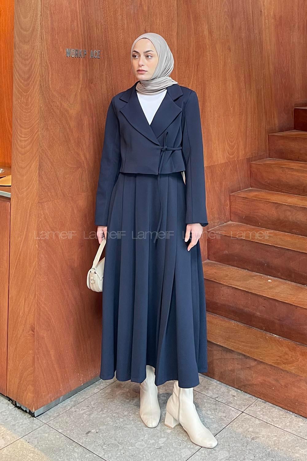 Lamelif Ceketi Yandan Bağlamalı İnterlok Etekli Tesettür İkili Takım Lacivert