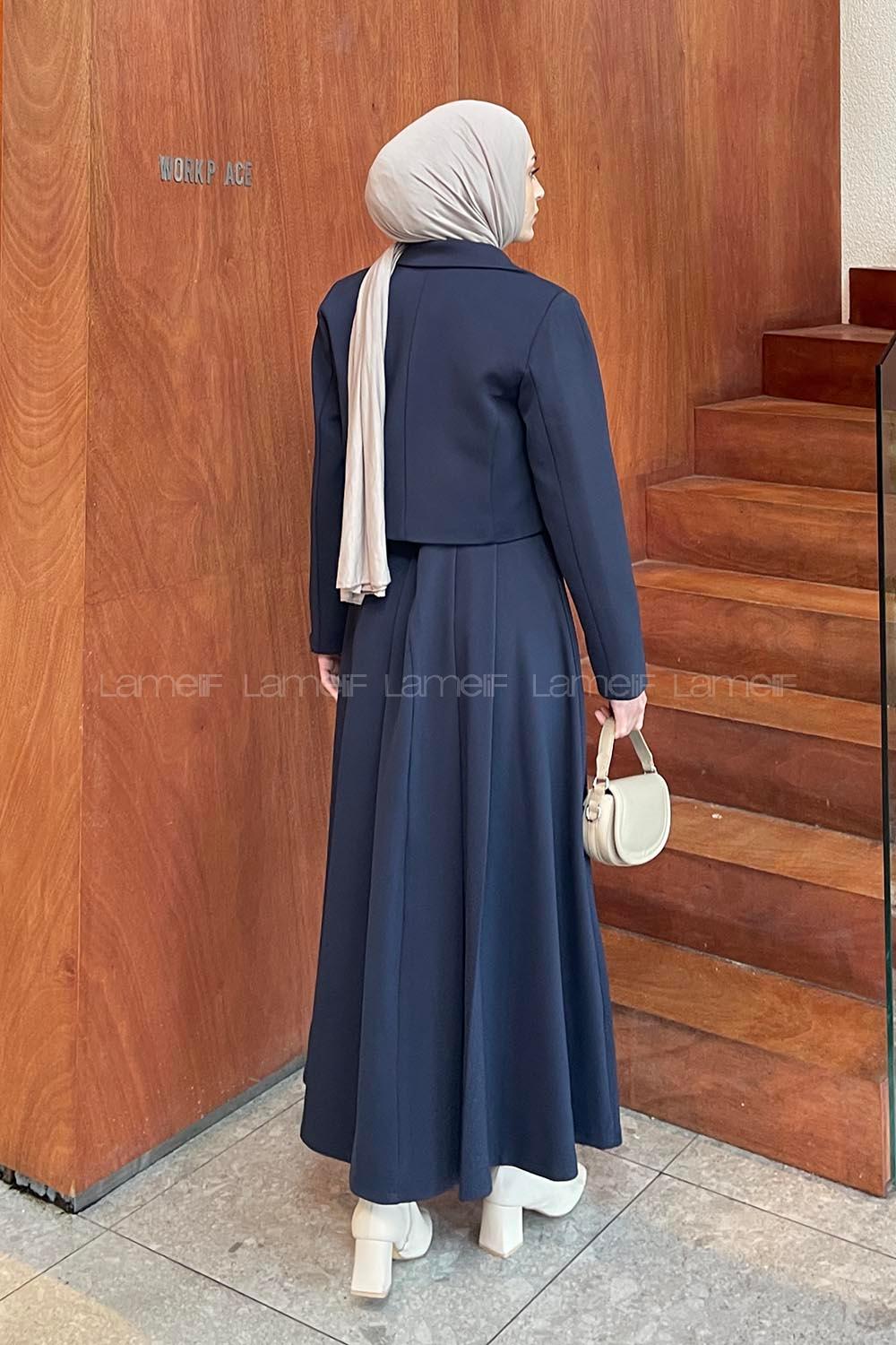 Lamelif Ceketi Yandan Bağlamalı İnterlok Etekli Tesettür İkili Takım Lacivert