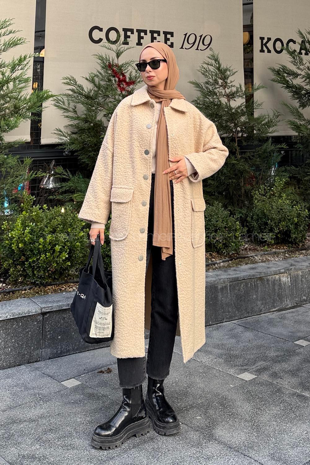 Lamelif Çıt Çıt Detaylı Kıvırcık Kaşe Kaban Taş Rengi