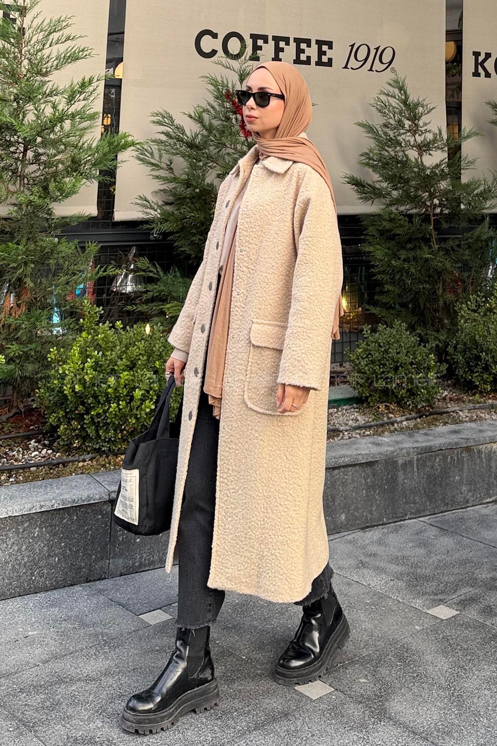 Lamelif Çıt Çıt Detaylı Kıvırcık Kaşe Kaban Taş Rengi