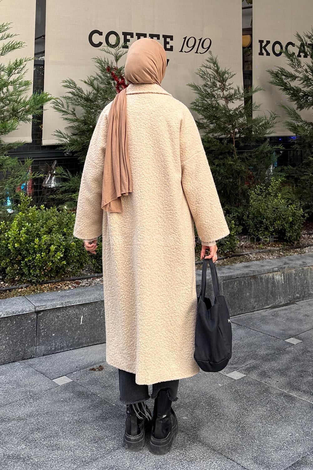 Lamelif Çıt Çıt Detaylı Kıvırcık Kaşe Kaban Taş Rengi