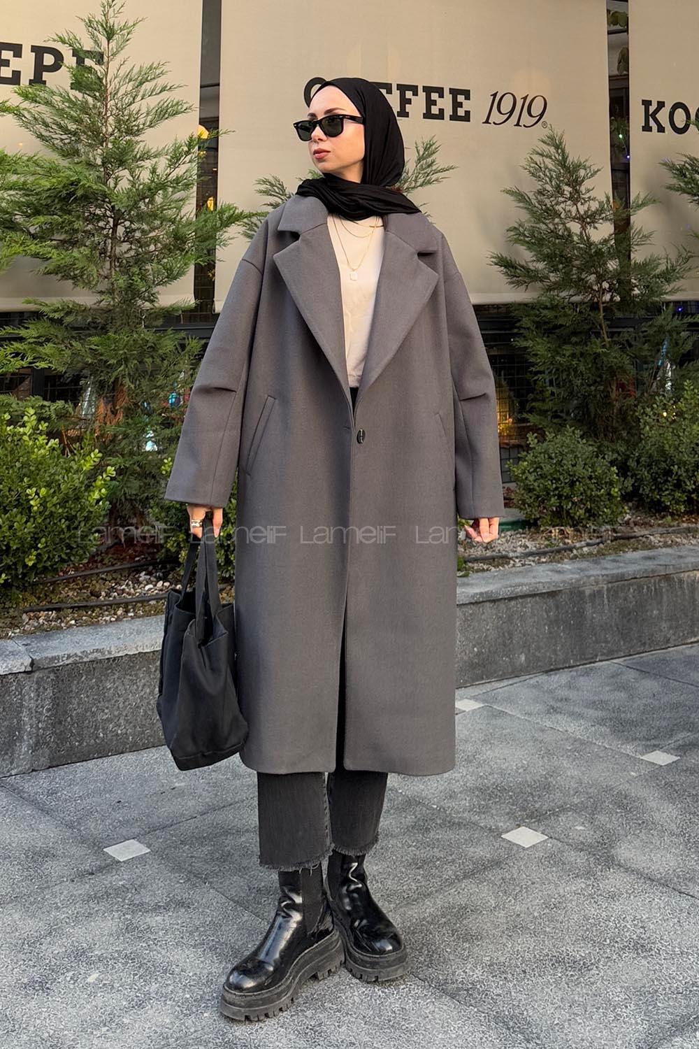 Lamelif Tek Düğmeli Kaşe Kaban Füme