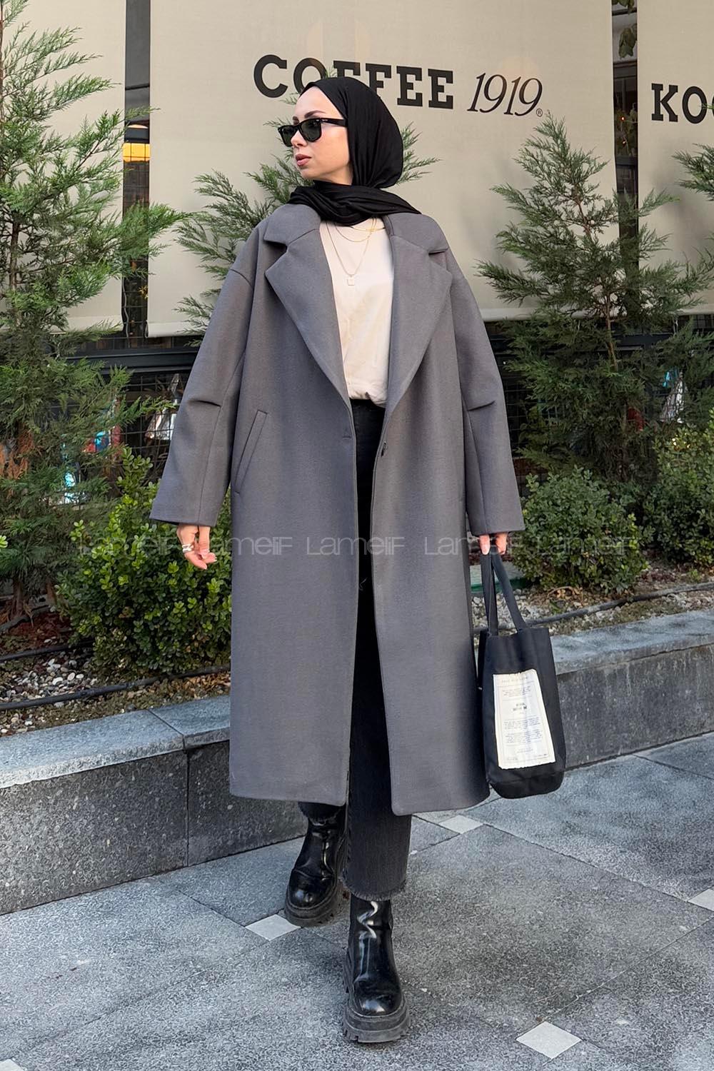 Lamelif Tek Düğmeli Kaşe Kaban Füme