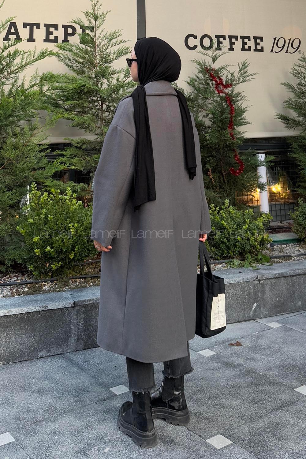 Lamelif Tek Düğmeli Kaşe Kaban Füme