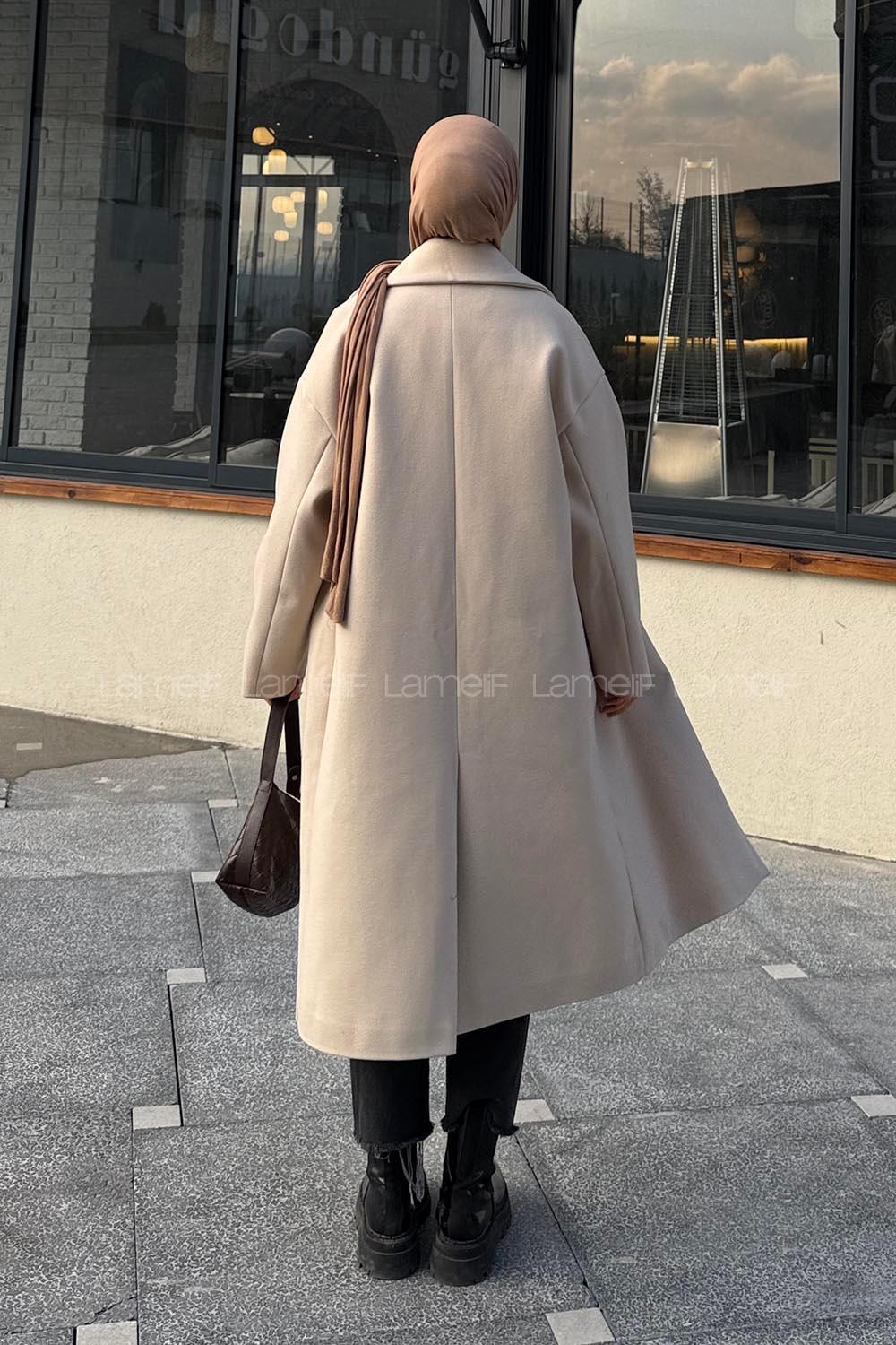 Cream V Neck Long Arm Stamp Fabric Coat