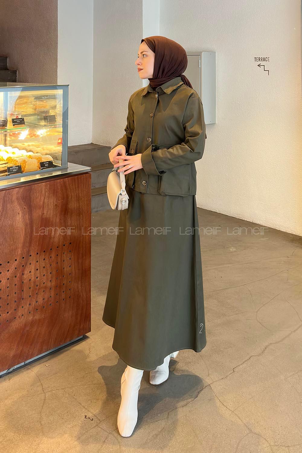 Lamelif Cep Detaylı İkili Etek  Tesettür Takım Koyu Yeşil