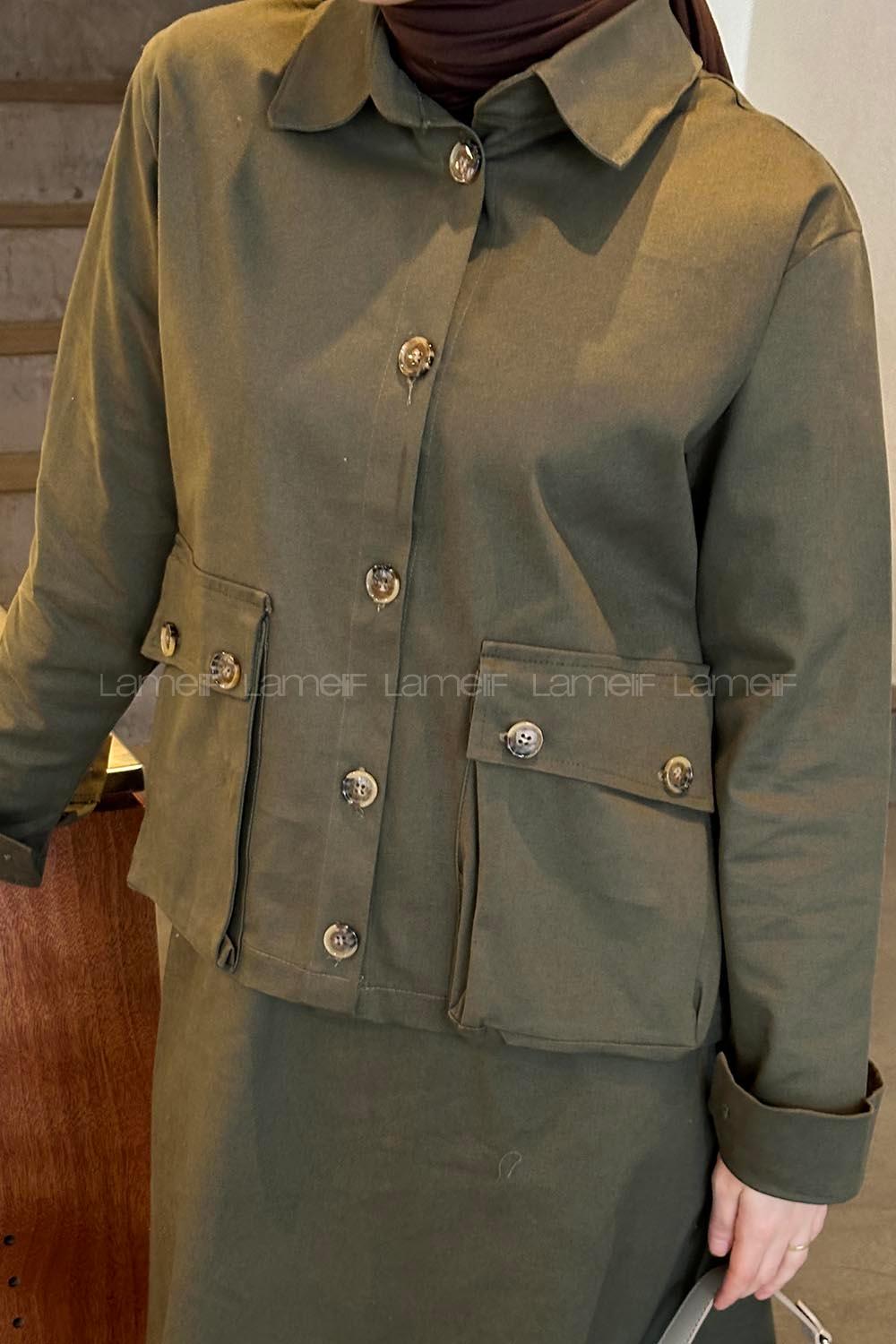 Lamelif Cep Detaylı İkili Etek  Tesettür Takım Koyu Yeşil