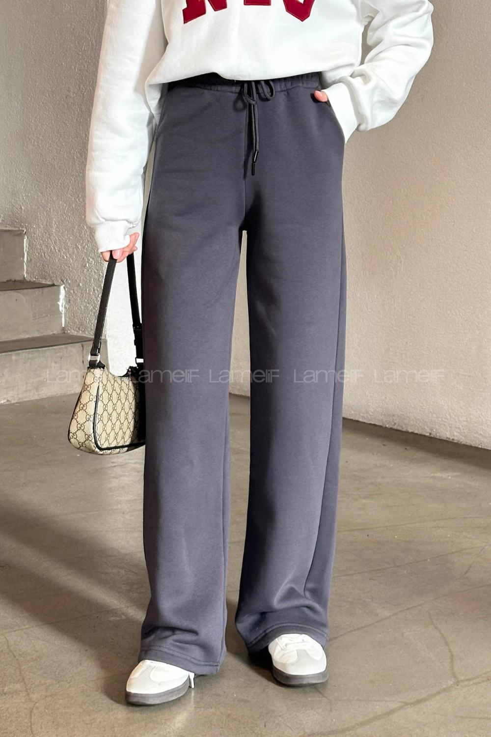 Lamelif Üç İplik Salaş Model Eşofman Altı Füme