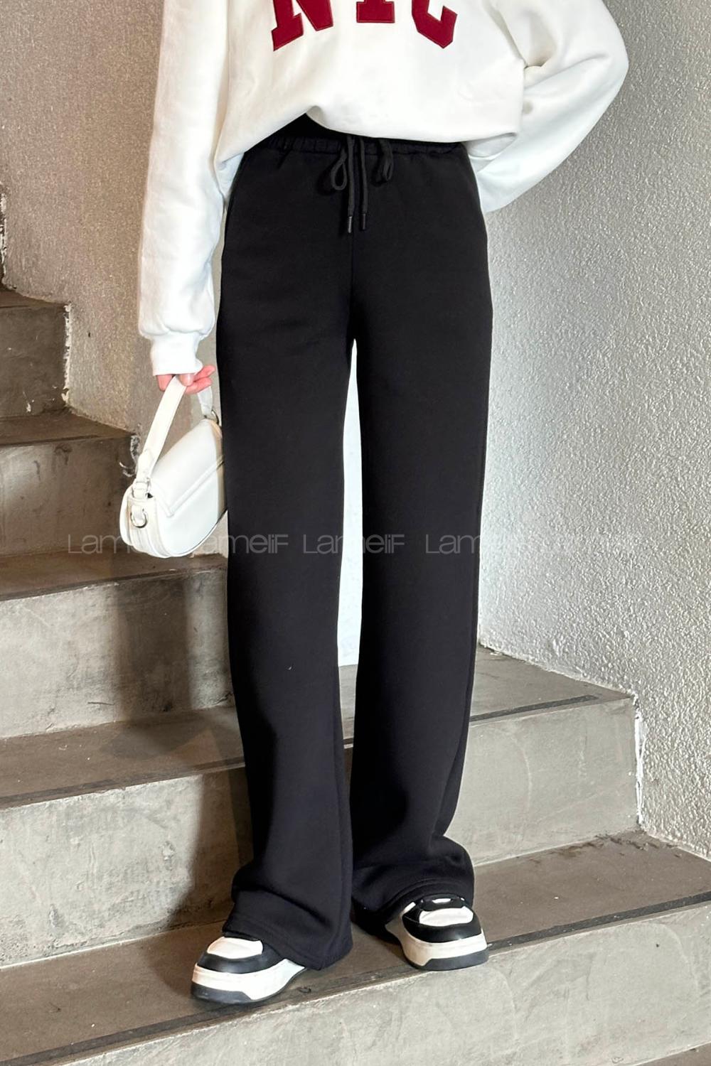 Lamelif Üç İplik Salaş Model Eşofman Altı Siyah