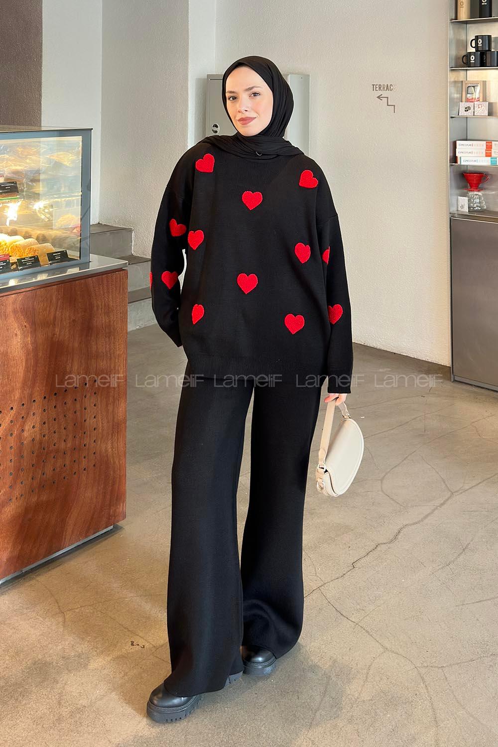 Lamelif Kalp Detaylı Tesettür İkili Takım Siyah