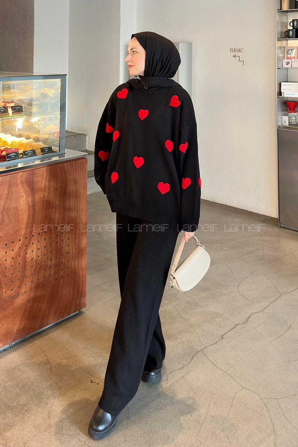Lamelif Kalp Detaylı Tesettür İkili Takım Siyah