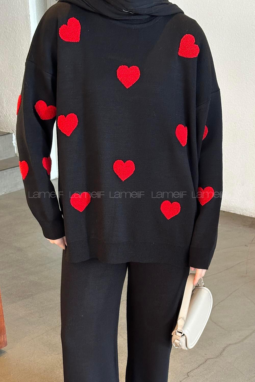 Lamelif Kalp Detaylı Tesettür İkili Takım Siyah