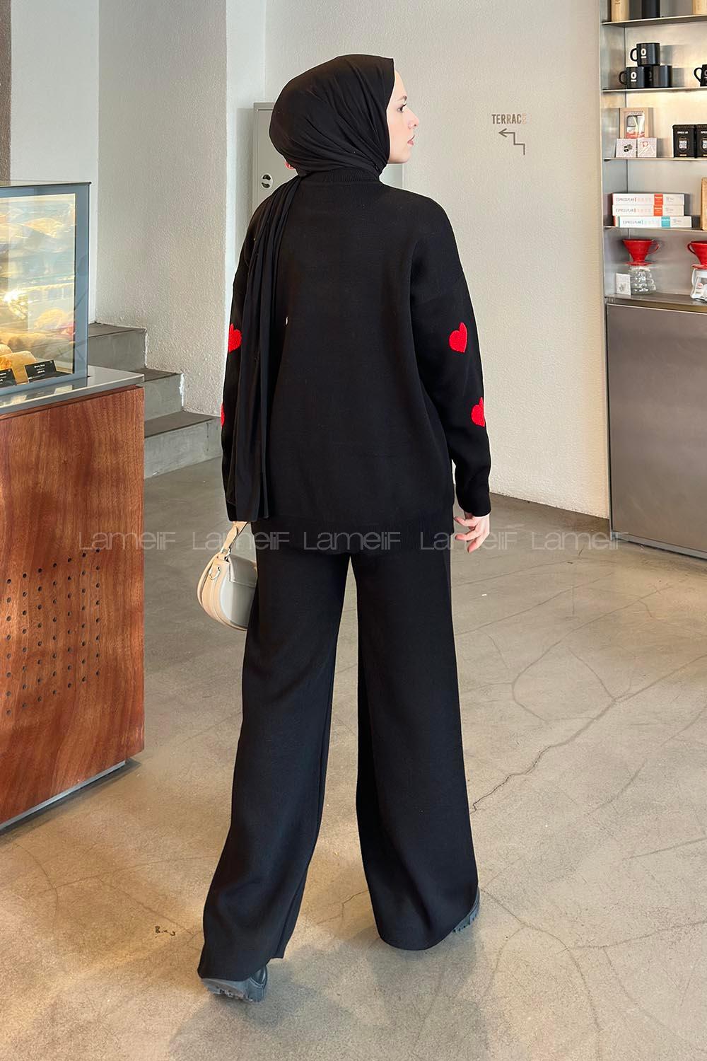Lamelif Kalp Detaylı Tesettür İkili Takım Siyah