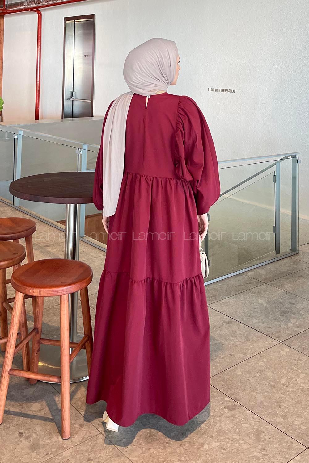 Claret Red Crew Neck Cotton Printed Dresess