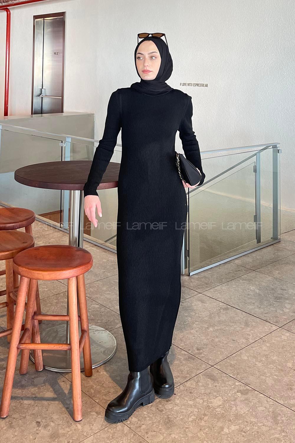 Lamelif Bisiklet Yaka Triko Tesettür Elbise Siyah