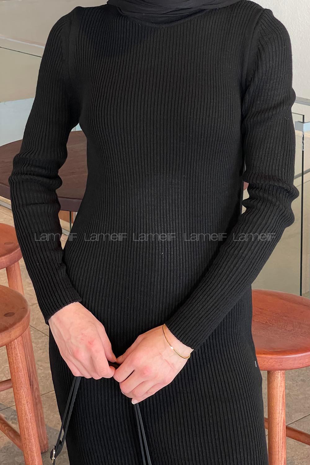 Lamelif Bisiklet Yaka Triko Tesettür Elbise Siyah