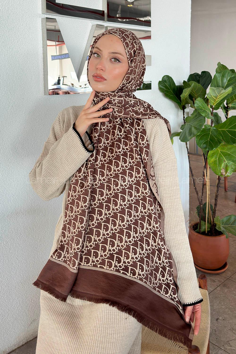 Lamelif Dior Desen Kaşmir Çift Taraflı Şal Acı Kahve Bej