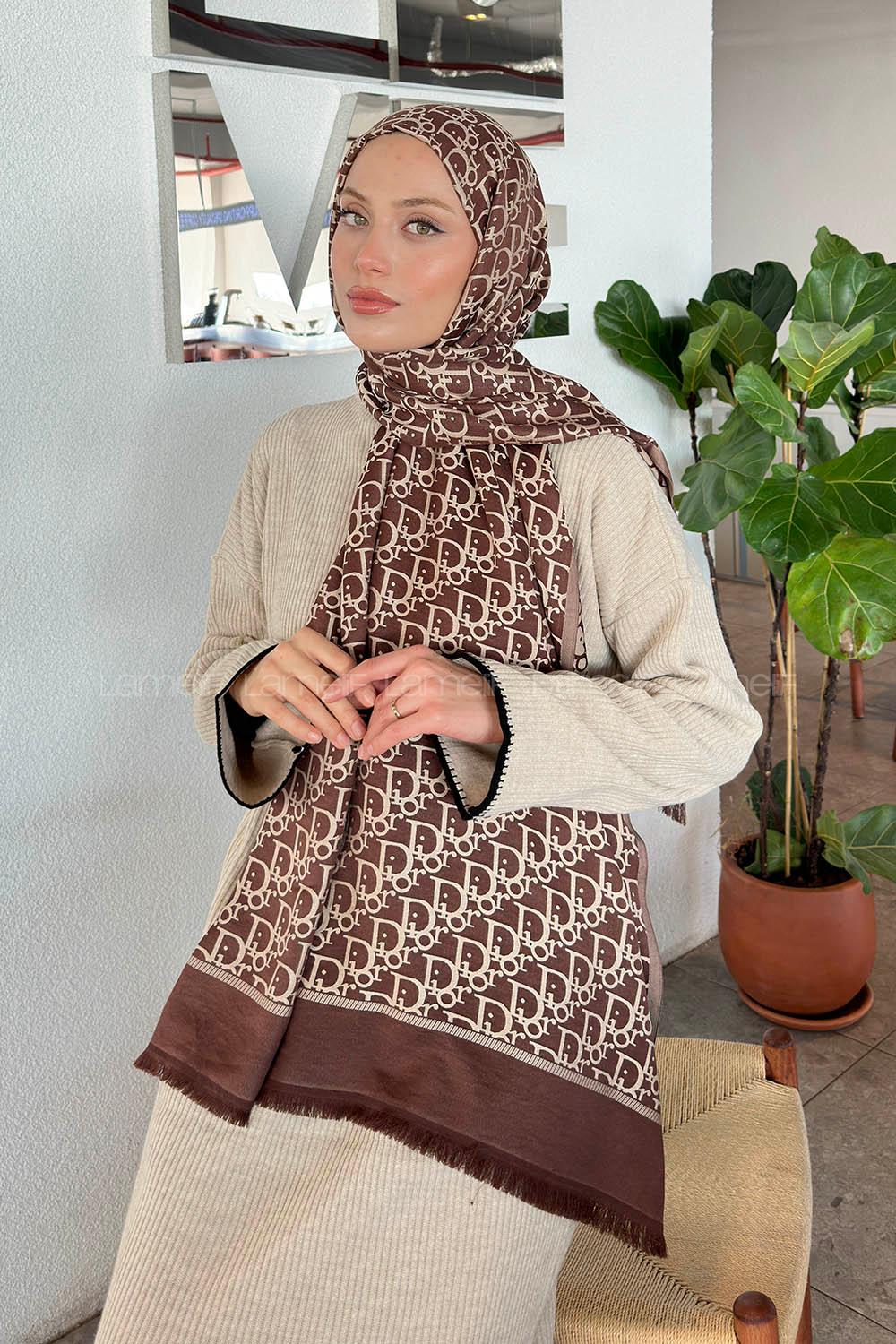Lamelif Dior Desen Kaşmir Çift Taraflı Şal Acı Kahve Bej