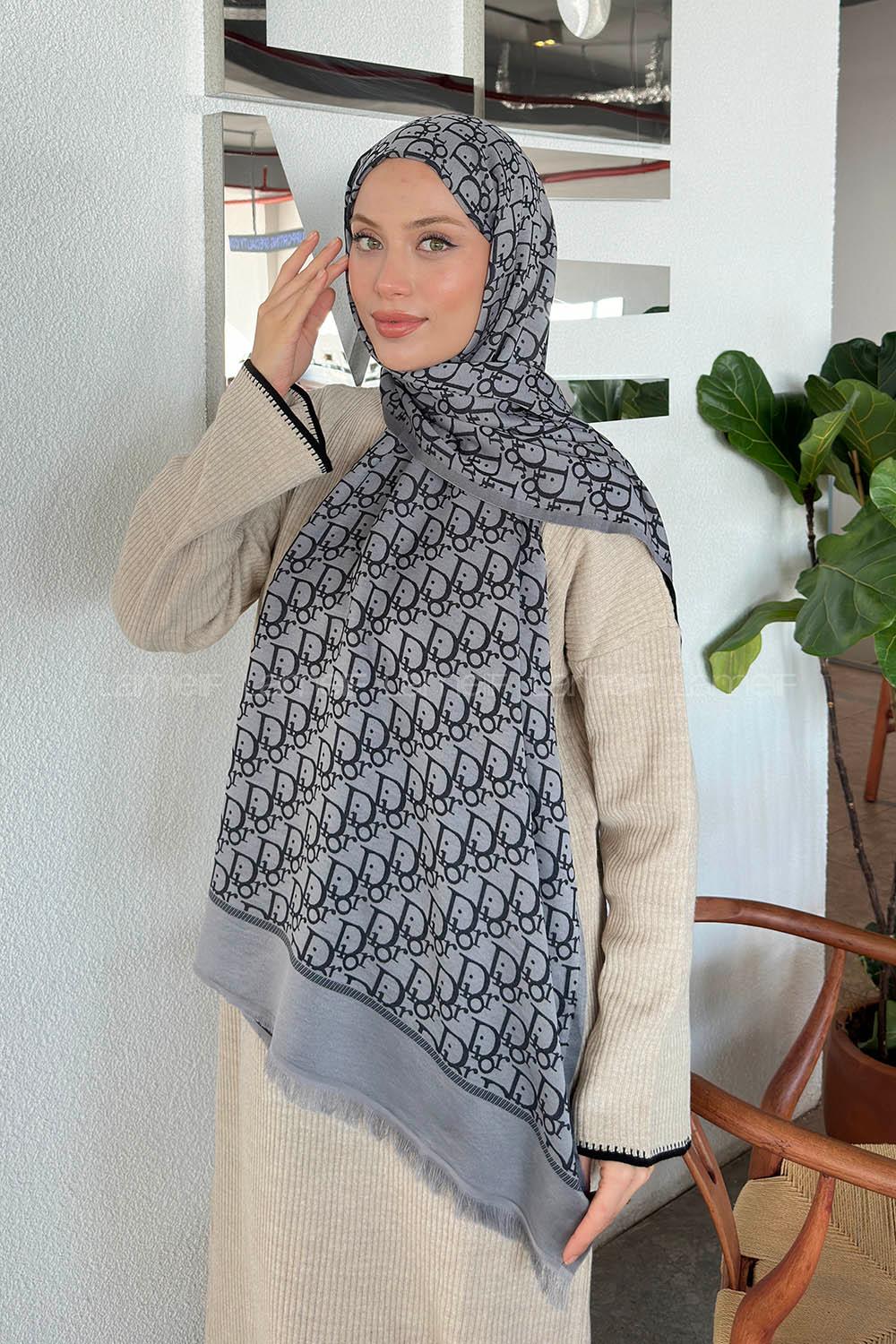 Lamelif Dior Desen Kaşmir Çift Taraflı Şal Antrasit Gri