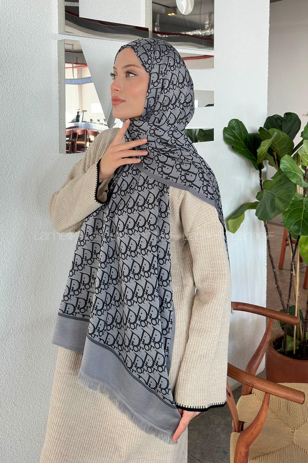 Lamelif Dior Desen Kaşmir Çift Taraflı Şal Antrasit Gri