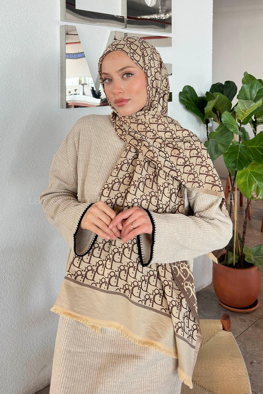 Lamelif Dior Desen Kaşmir Çift Taraflı Şal Bej Soft Kahve