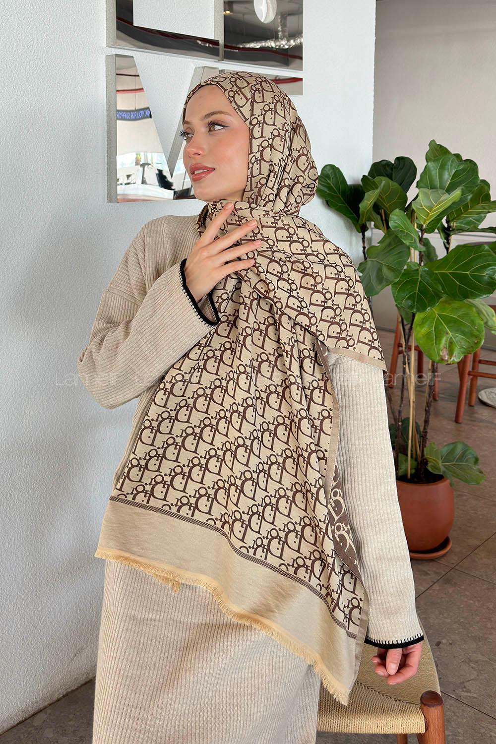 Lamelif Dior Desen Kaşmir Çift Taraflı Şal Bej Soft Kahve