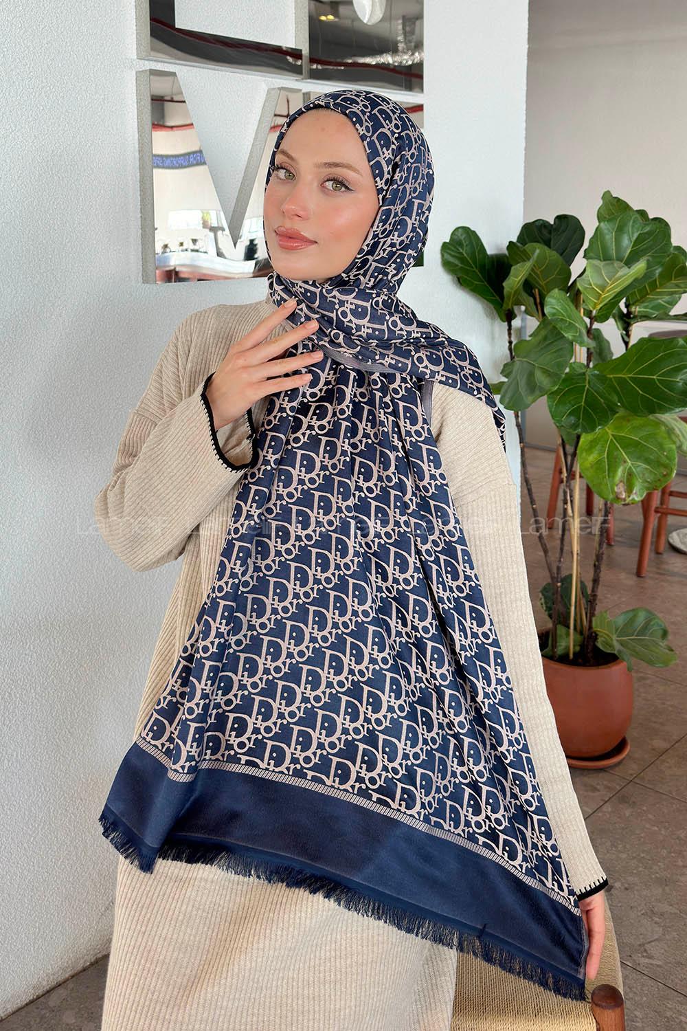 Navy Marine Cotton Fabric Cashmere Striped Printed Shawl