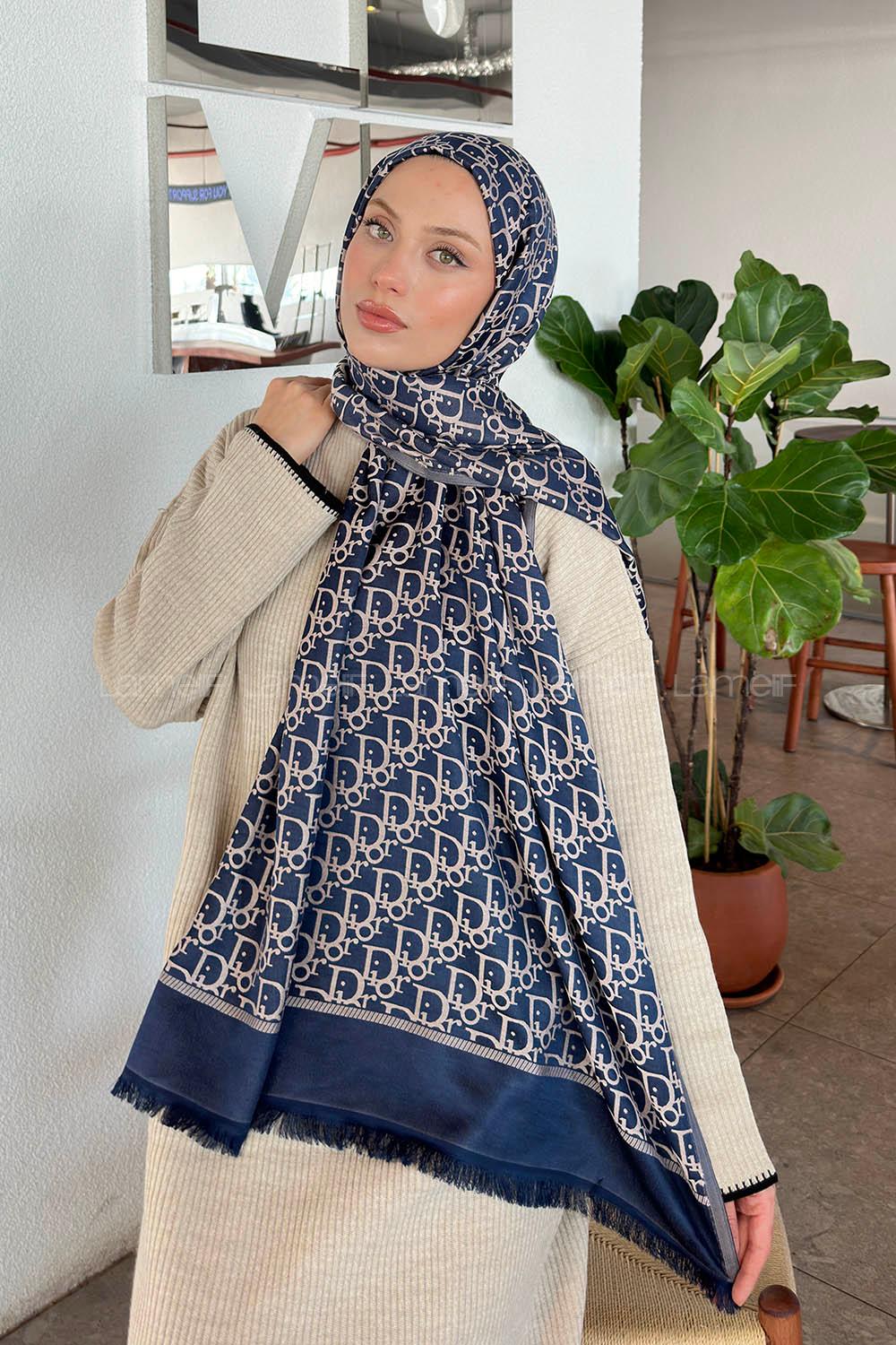 Navy Marine Cotton Fabric Cashmere Striped Printed Shawl