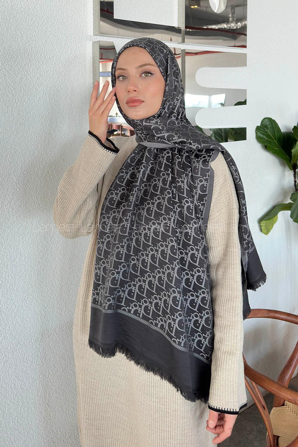 Lamelif Dior Desen Kaşmir Çift Taraflı Şal Siyah Gri