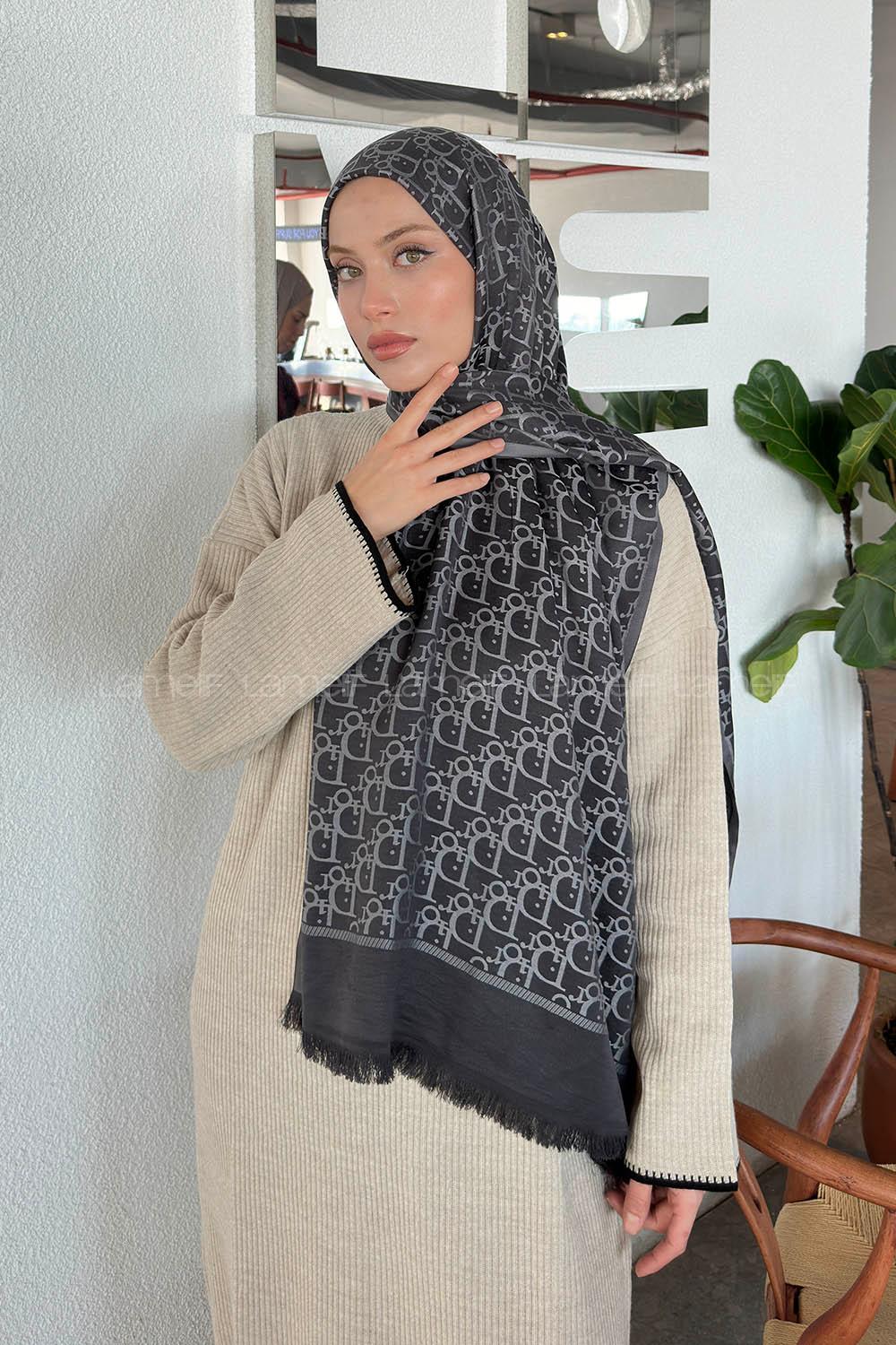 Lamelif Dior Desen Kaşmir Çift Taraflı Şal Siyah Gri