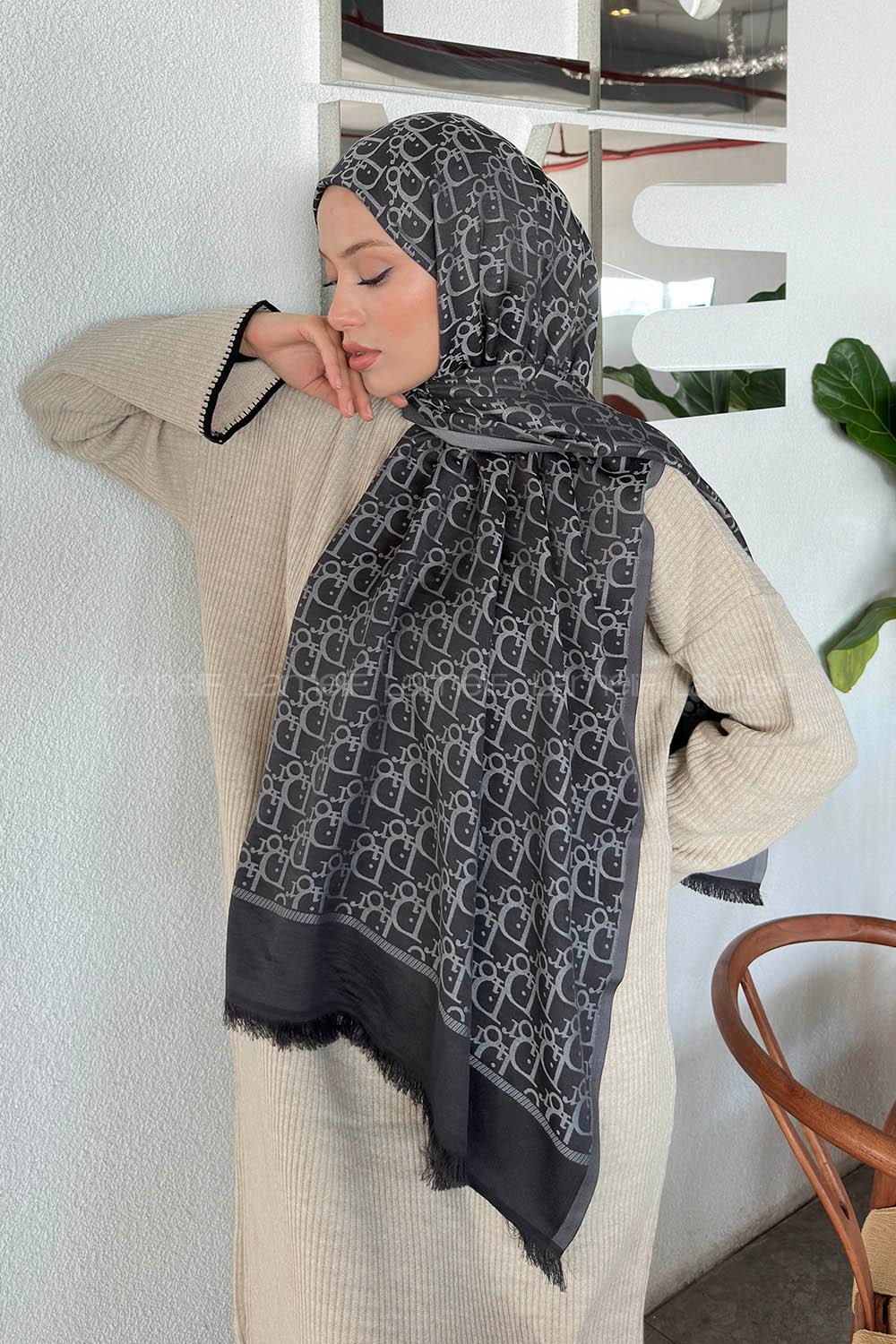 Lamelif Dior Desen Kaşmir Çift Taraflı Şal Siyah Gri