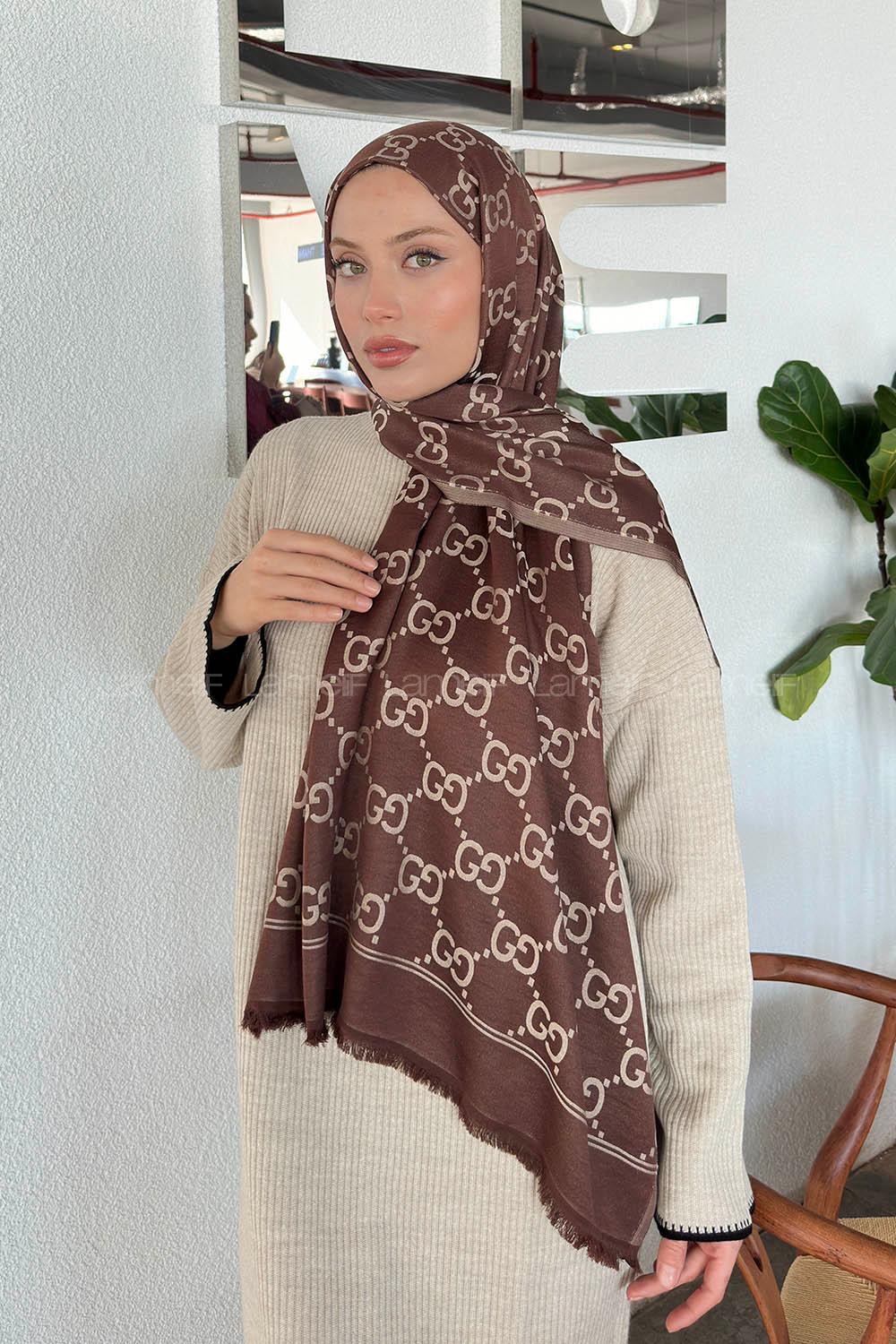 Lamelif G Desen Kaşmir Çift Taraflı Şal Acı Kahve Bej