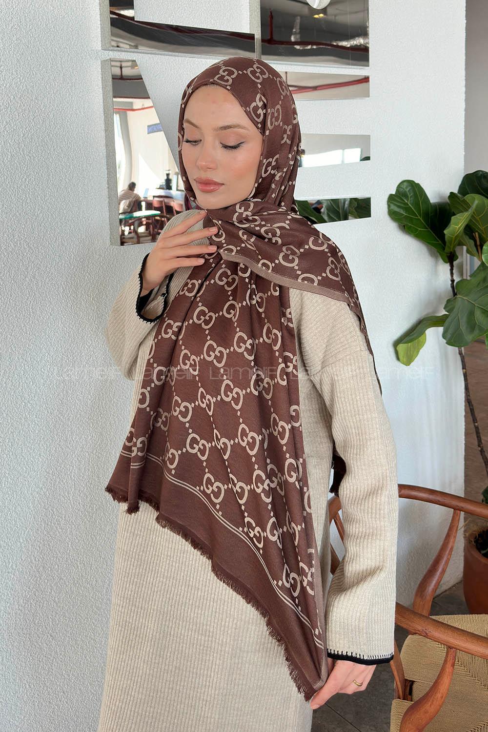 Lamelif G Desen Kaşmir Çift Taraflı Şal Acı Kahve Bej