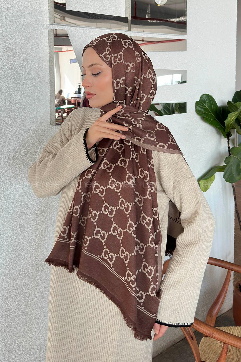 Lamelif G Desen Kaşmir Çift Taraflı Şal Acı Kahve Bej