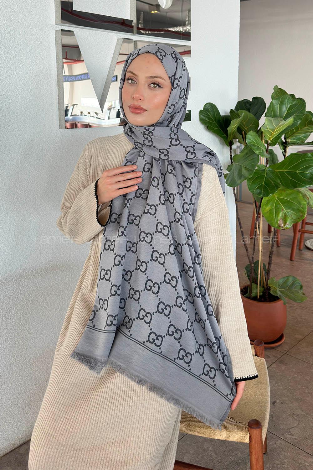 Lamelif G Desen Kaşmir Çift Taraflı Şal Antrasit Gri