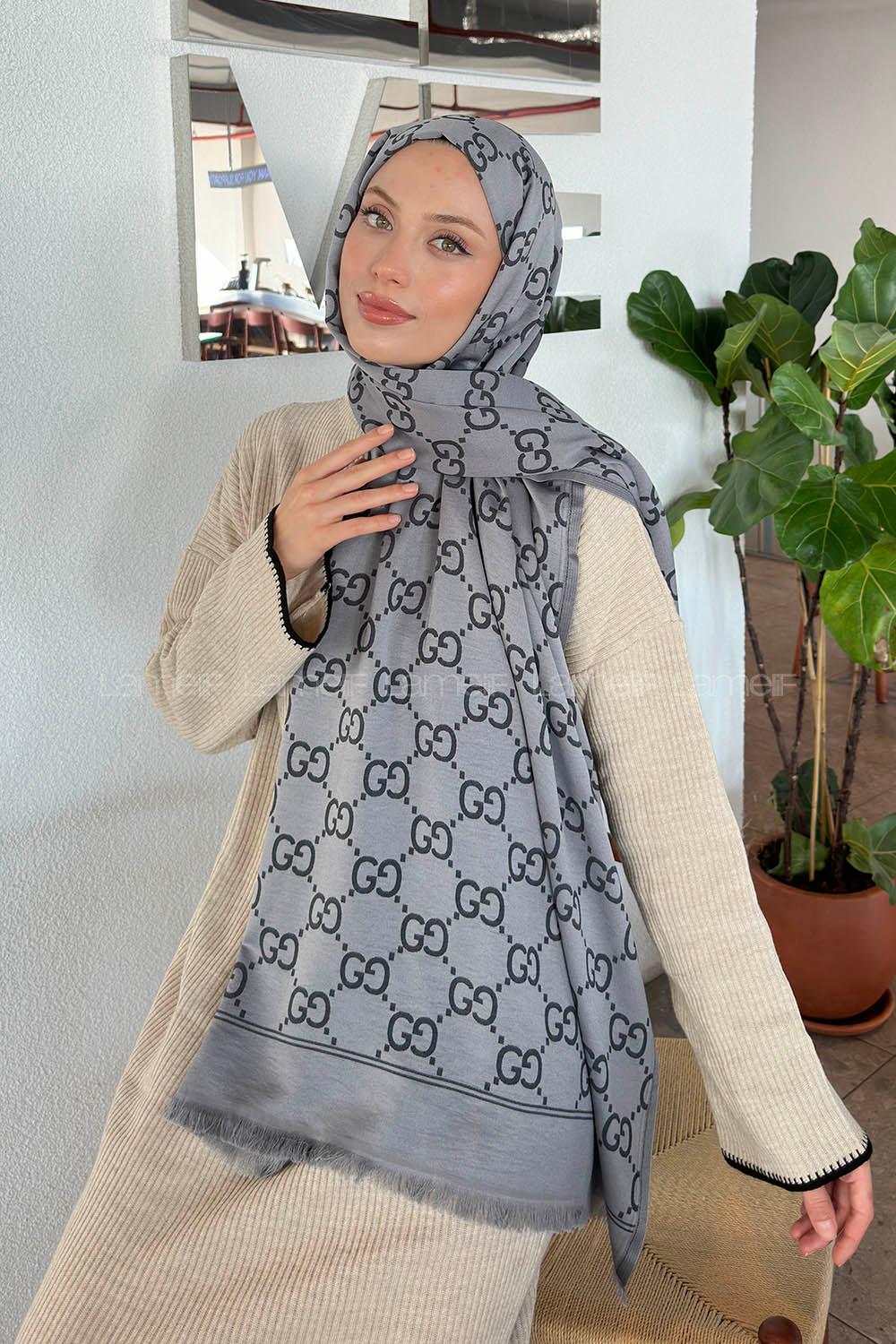 Lamelif G Desen Kaşmir Çift Taraflı Şal Antrasit Gri