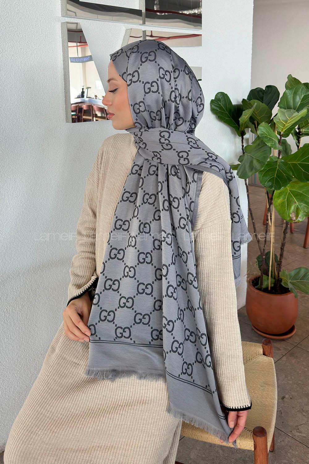 Lamelif G Desen Kaşmir Çift Taraflı Şal Antrasit Gri