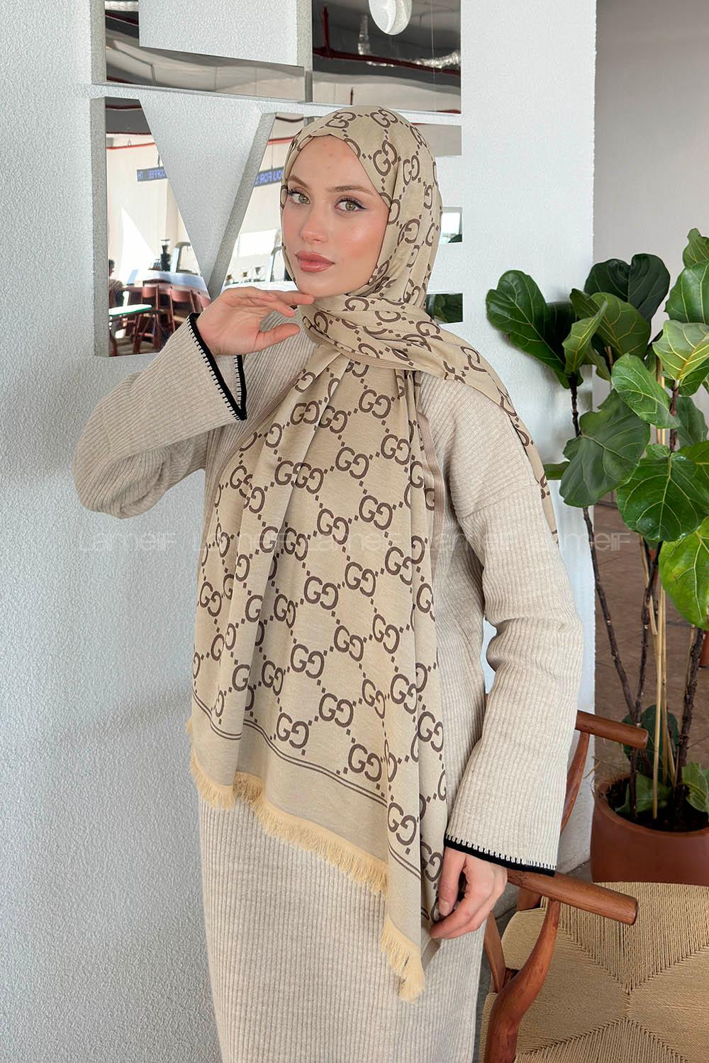 Lamelif G Desen Kaşmir Çift Taraflı Şal Bej Soft Kahve