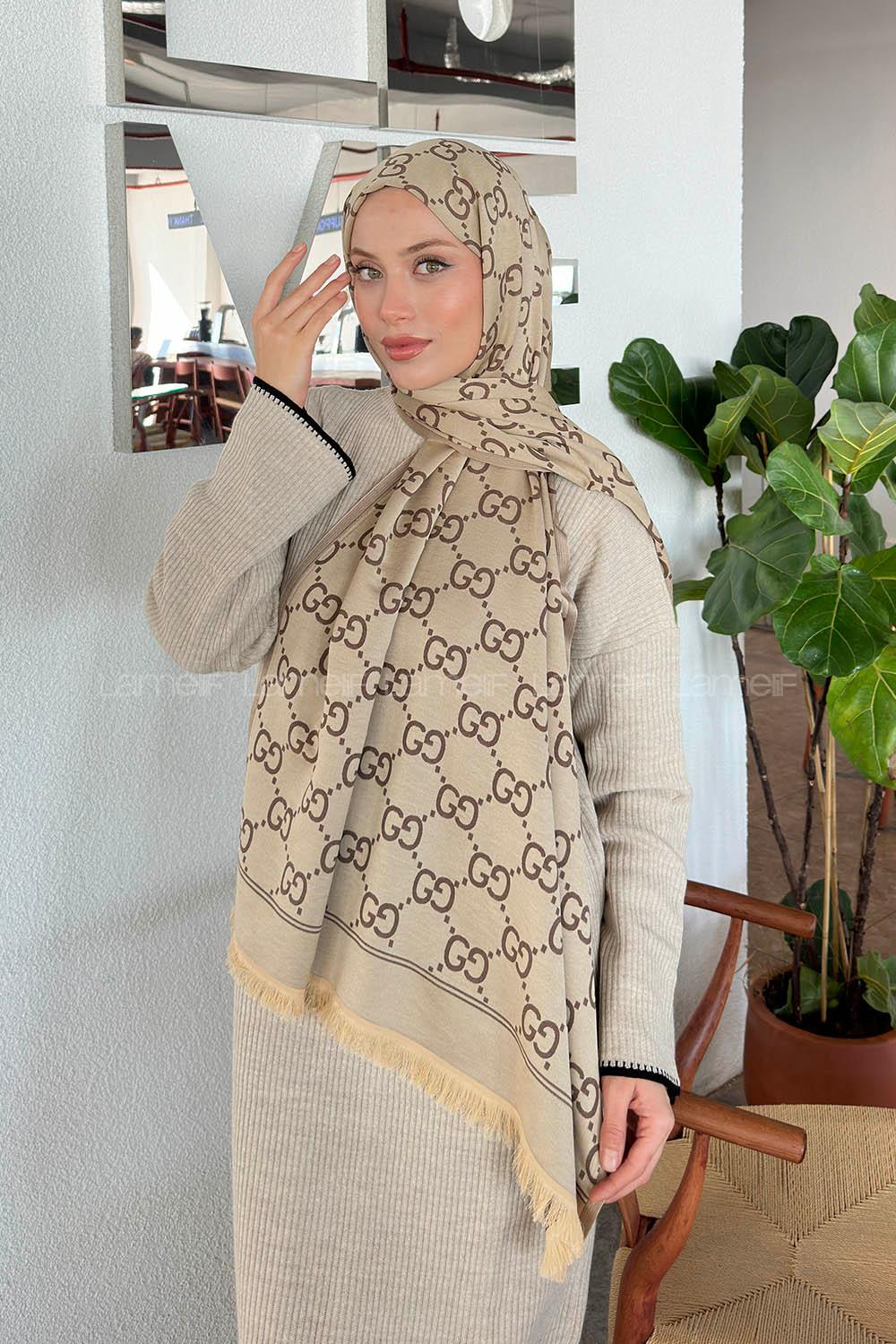 Lamelif G Desen Kaşmir Çift Taraflı Şal Bej Soft Kahve