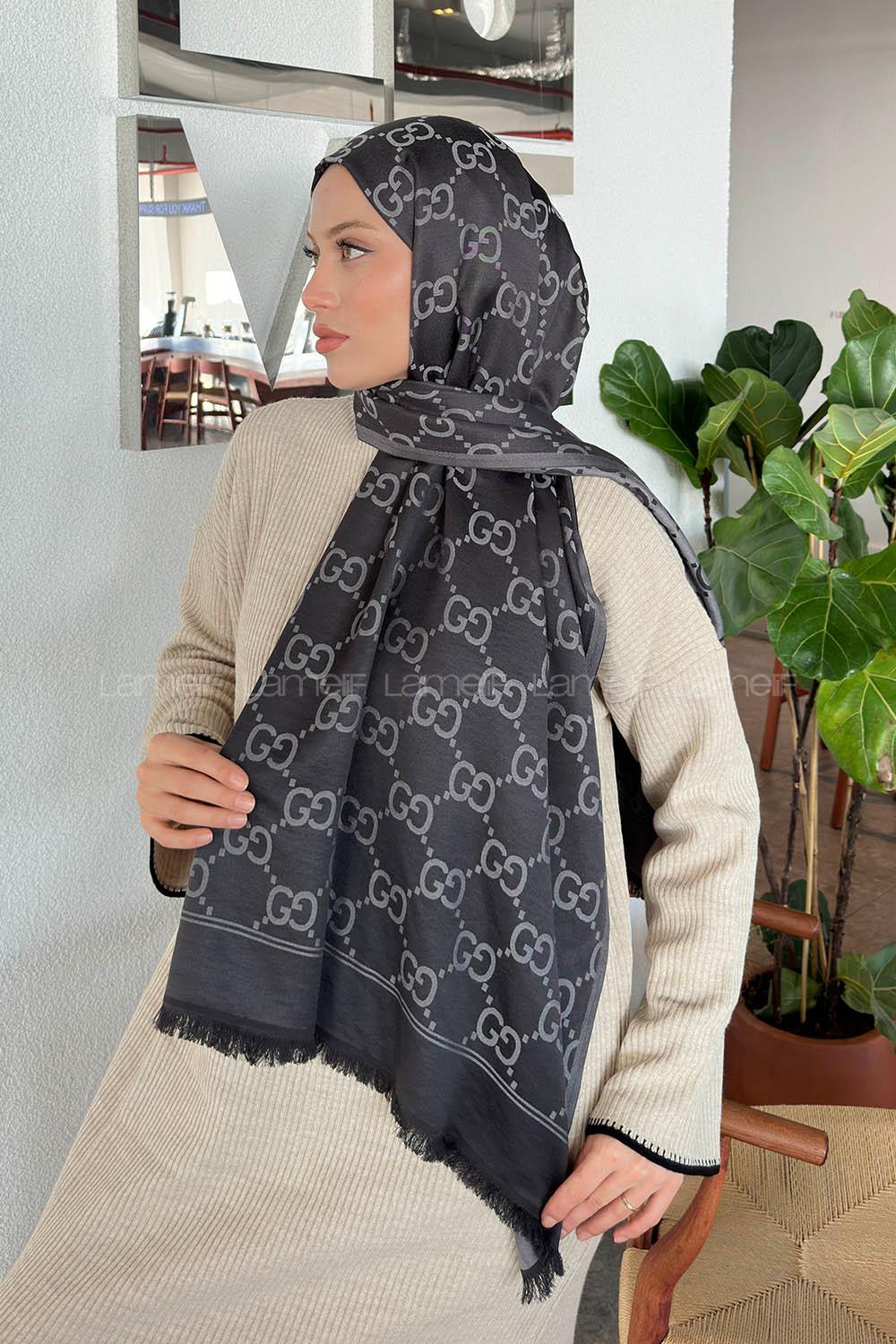 Lamelif G Desen Kaşmir Çift Taraflı Şal Siyah Gri