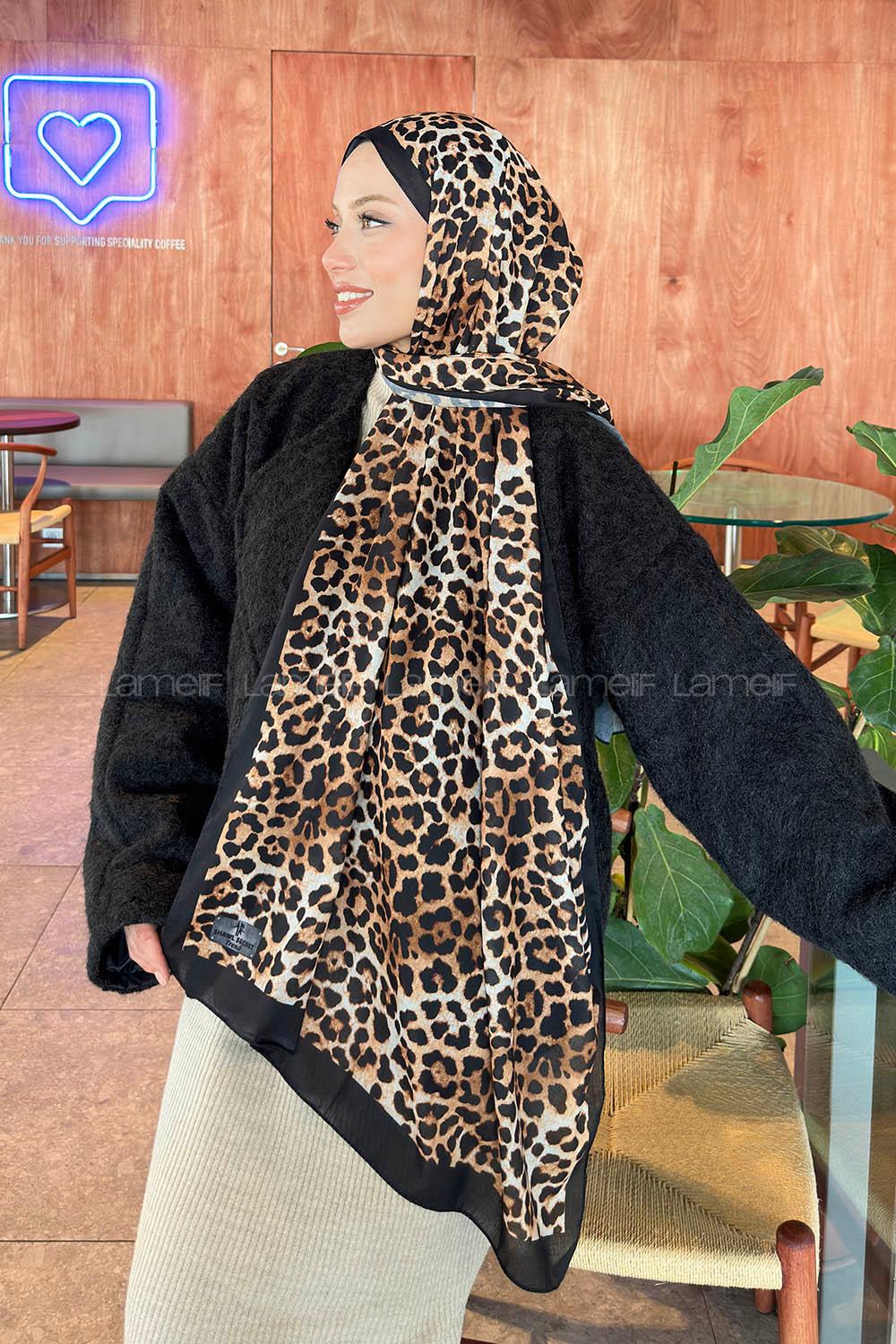 Lamelif Leopar Desen Pamuk Şal Siyah Bej