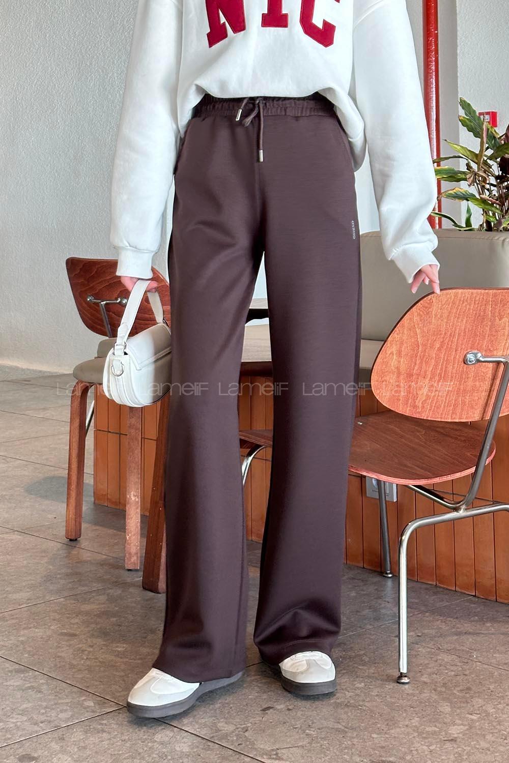 Lamelif Modal Kumaş Bol Paça Eşofman Acı Kahve