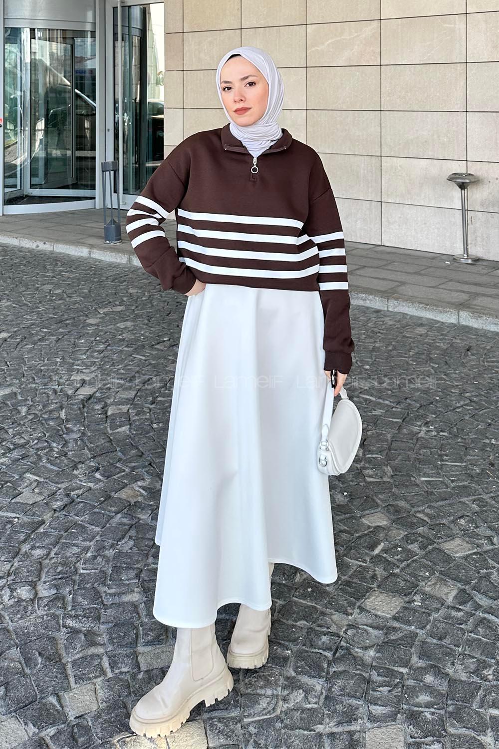 Lamelif Yarım Fermuarlı Sweatshirt Tunik Acı Kahve